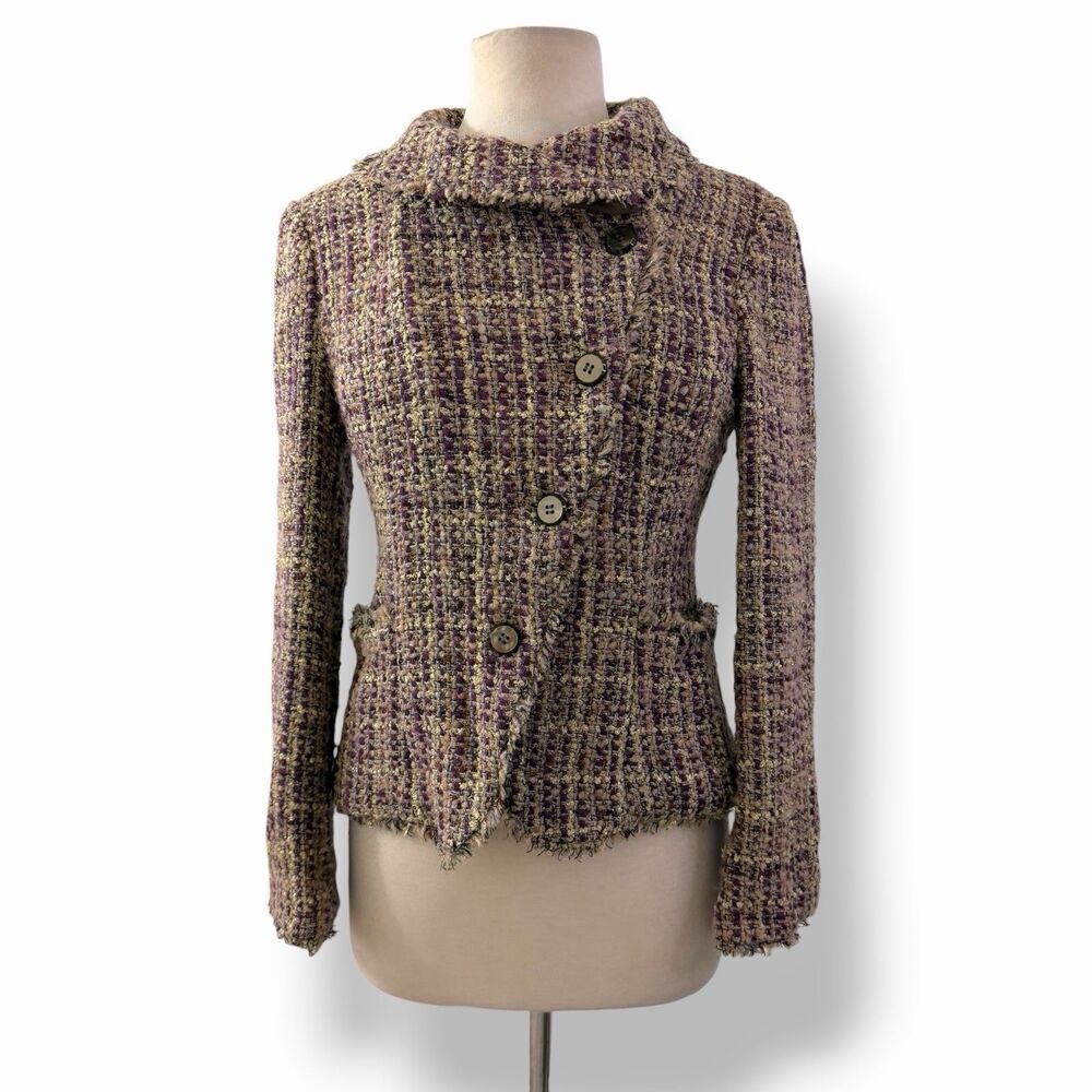Armani Collezioni Purple Metallic Tweed Asymmetrical Funnel Blazer 4 Luxury